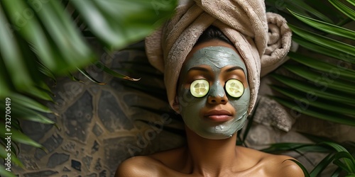 Spa day - woman with mud mask and her hair wrapped in a towel for a relaxing mental health treatment day