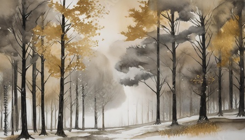 misty mood in the winter forest gold grey brown beige ink trees illustration romantic and mourning landscape for seasonal or condolence greettings