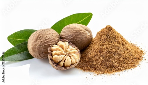 nutmeg and ground nutmeg heap isolated on white background