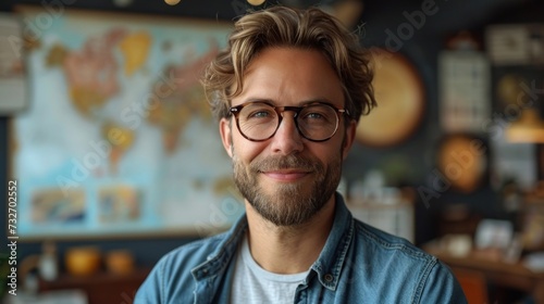 A bearded, attractive middle-aged man in a denim shirt and glasses smiles, stands against a blurred background of a world map, looks confidently at the camera.