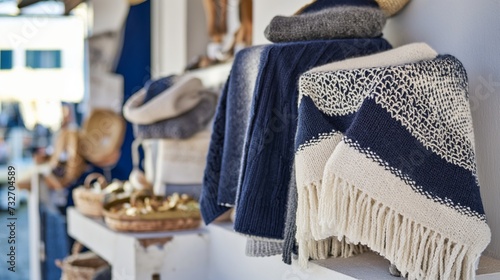 traditional Portuguese goods for tourists, knitted sweaters, hand-knitted items at the market on the store counter