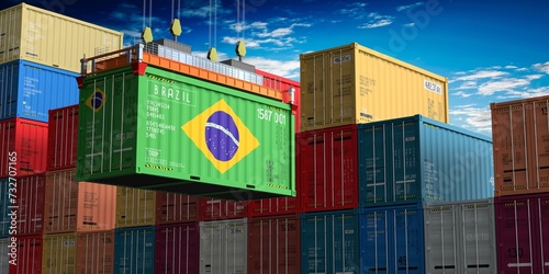 Freight shipping container with flag of Brazil on crane hook - 3D illustration