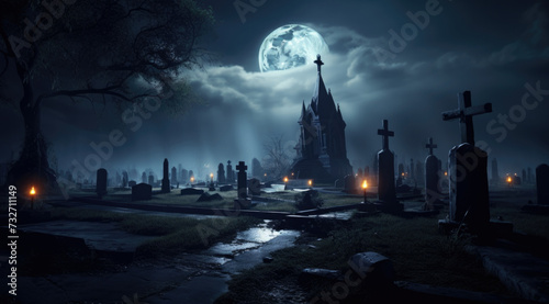 Full Moon over a dark mysterious cemetery. Crosses and graves at night in the moonlight