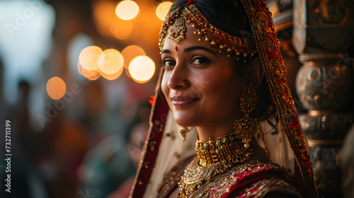 A resplendent Indian bride dons traditional attire, her allure enhanced by the regality of gold jewelry. Generative AI