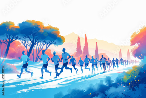 Illustration of Group of People Running a Marathon in Nature. Healthy Life Concept