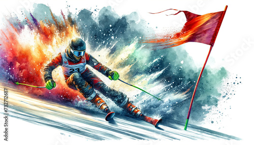 A dynamic watercolor illustration of a skier in full gear aggressively navigating a slalom gate, splashes of vibrant colors emphasize movement and speed.Sport concept.AI generated.