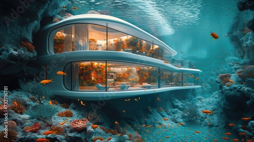 Submerged serenity: mesmerizing underwater house room reveals aquatic wonders through panoramic aquarium windows, a tranquil retreat in the heart of the deep blue