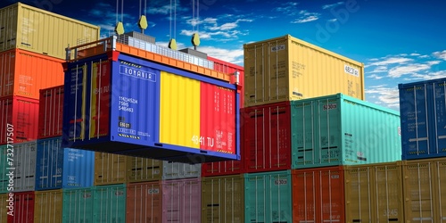 Freight shipping container with flag of Romania on crane hook - 3D illustration