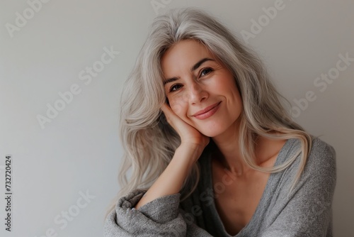 Mulher acima de 50 anos posando em fundo cinza