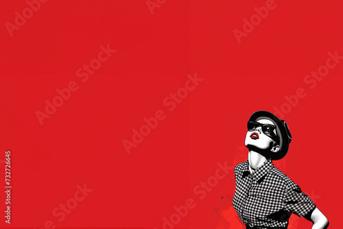 Mixed art peinture et collage sur fond rouge avec espace négatif texte d'une femme 2 tone ska girl, fan de ce style musical anglais des années 70 