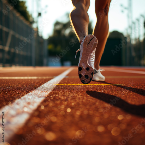 course à pied, vue au niveau des pieds d'un sprinter sur une piste d'athlétisme. JO, jeux olympiques, Paris 2024, la semelle de la chaussure est au bord de la bande blanche de couloir