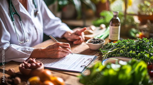 A doctor in a white coat writes a prescription for a healthy diet, surrounded by a variety of fresh vegetables and herbs.