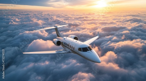 Majestic view of a private jet soaring high above a sea of fluffy clouds during golden hour