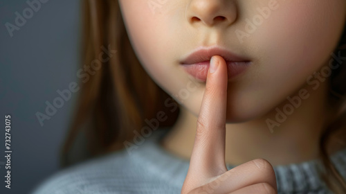 Child's hand, index finger on lips, cute gesture of silence