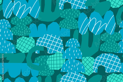 Seamless pattern with abstract cut out elements. Blue and green random shapes on dark background. Naive shapes cut out of paper. Creative collage with shapes. Vector illustration.