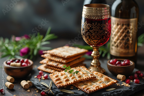 matzah Jewish holiday bread and glass of wine, Passover celebration concept 