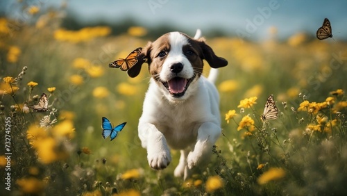 jack russell terrier A joyful puppy dog sprinting through a meadow of wildflowers, with colorful butterflies 