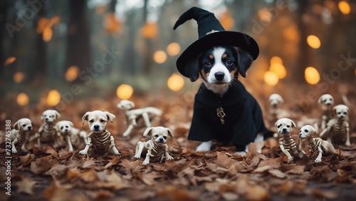 A Halloween puppy dressed as a witch, accidentally casting a spell that turns a pile of bones into puppy skeleton s