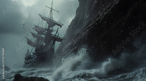 On a gray, stormy day, a wooden tall ship is tossed by the rough seas towards a the side of a cliff wall