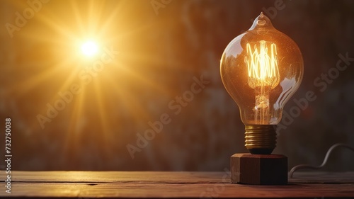 Illuminated vintage light bulb against a sunlit backdrop
