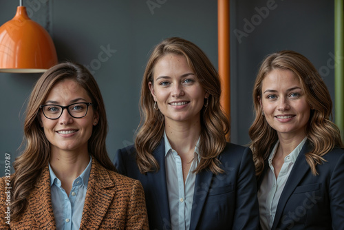 Un grupo de tres mujeres está de pie junto a cada una en un entorno de oficina.