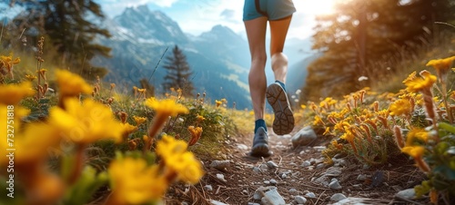 Hiking in the mountains. Female legs with sports shoes and backpack running on a trail mountain