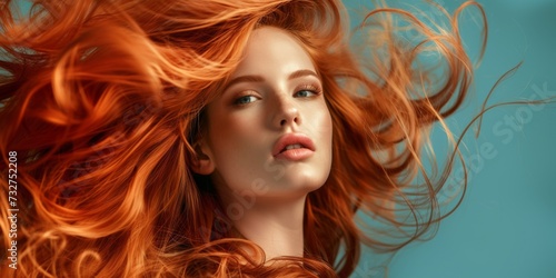 Windswept portrait of a woman with fiery red hair, embodying freedom and strength