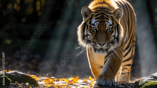 A majestic tiger stalks forward, intense gaze amid a scattering of vibrant autumn leaves