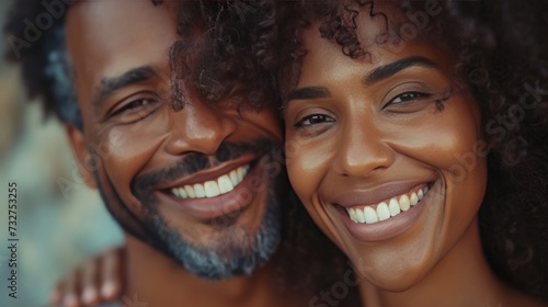 Beaming with happiness, the Black couple's infectious smiles light up the frame. large copyspace area