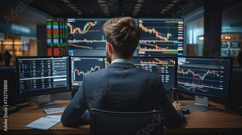 A young businessman trading about forex, Trading charts and candlestick patterns. Generative AI.