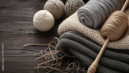 Cozy knitting materials with wool yarn balls and knitted fabric on a wooden surface, suggesting a warm, handcrafted activity