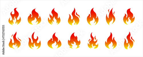 Fire flame icon set. Fire flames. Flame symbols. Fire silhouette. Set of red and orange fire flame. Collection of hot flaming element. Fire, flame. Vector illustration