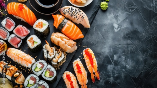 An assortment of sushi and sashimi delicacies arranged on a black stone background, representing Japanese cuisine