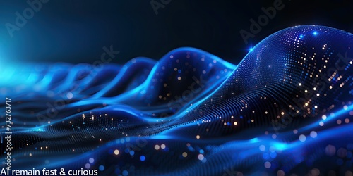 Wallpaper, navy blue, with light waves in lighter tones, science, universe, technology, with text in white color, "AI, remain fast & curious". Fondo de panatela alusivo a la inteligencia artificial.