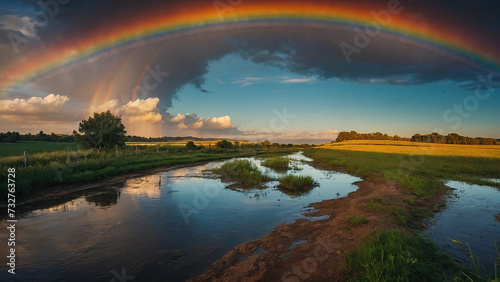 Panorama of a big summer field shined with the sun, with clouds and rainbow in the sky on background