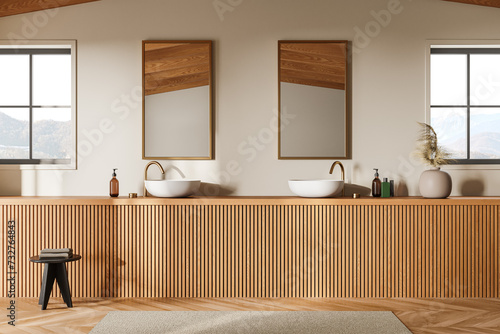 Beige bathroom interior with double sink