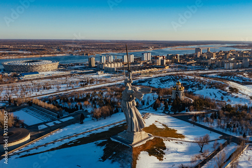 Statue Motherland calls in Mamayev Kurgan, Volgograd, Russia, Feb. 24, 2022, aerial view