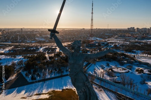 Statue Motherland calls in Mamayev Kurgan, Volgograd, Russia, Feb. 24, 2022, aerial view