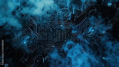 Abstract technology background featuring a circuit board on a dark blue color with clouds and smoke floating up, creating an interior texture. This illustration represents digital future technology