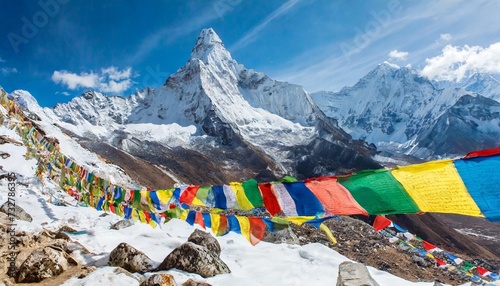 colorful prayer flags on the everest base camp trek in himalayas nepal