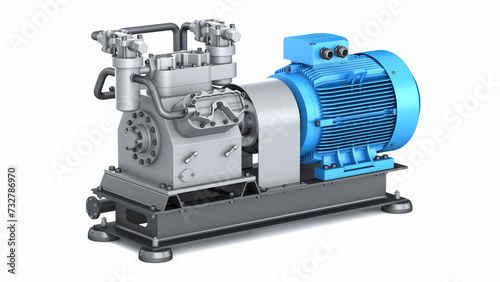 Industrial high pressure compressor with powerful motor and pipes. Gas pumping equipment on a white background. 3d illustration