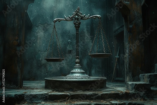A solitary scale of justice stands in the shadows, a symbol of the complexities and beauty of the art of decision-making