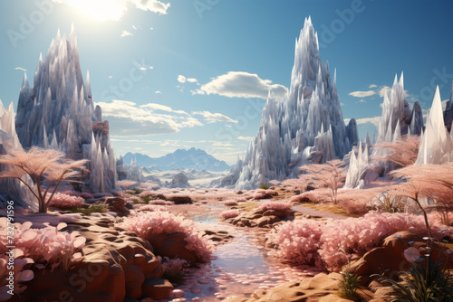 A surreal desert landscape where cacti transform into towering, translucent crystals, creating an otherworldly and magical rendition of the arid terrain. Generative Ai.