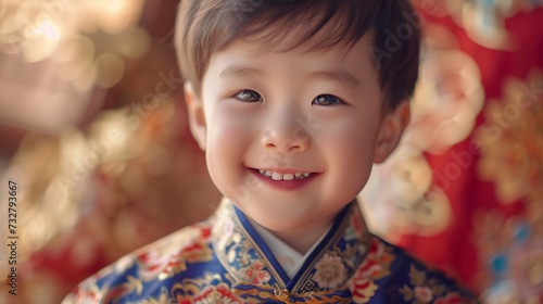 A close-up portrait of a smiling Chinese boy radiating joy and wearing floral robes evoking the beauty and delicacy of the culture. Boy immersed in rich Chinese cultural heritage.