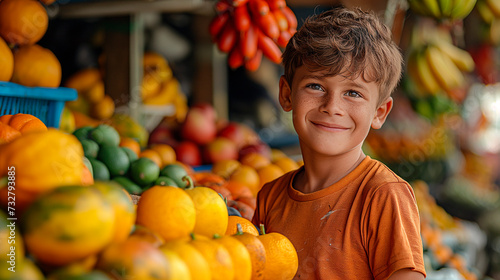 Retrato de un niño en la frutería rodeado de frutas 