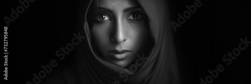 Black and white poster. Close-up portrait of woman in burqa. Horizontal banner. Tanned Muslim woman looks at camera on black background. Concept of belief in God, Arab world, Palestine. BW
