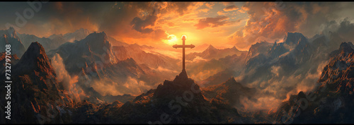 The light penetrates the surroundings and acts like a divine sign hovering over the cross. The scene conveys a sense of majesty, spiritual power and hope.