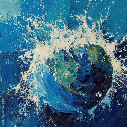 An artistic interpretation of Earth with a blue and white paint splash, suitable for environmental themes or educational content for Earth day 