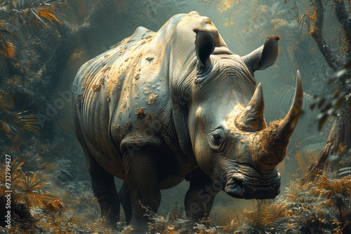A majestic white rhinoceros stands proudly amidst the lush greenery of the woods, its powerful horn symbolizing the resilience and grace of this magnificent terrestrial animal