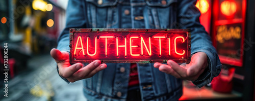 Hands holding a bold AUTHENTIC sign against a bokeh light background, promoting the value of authenticity and originality in personal and professional realms